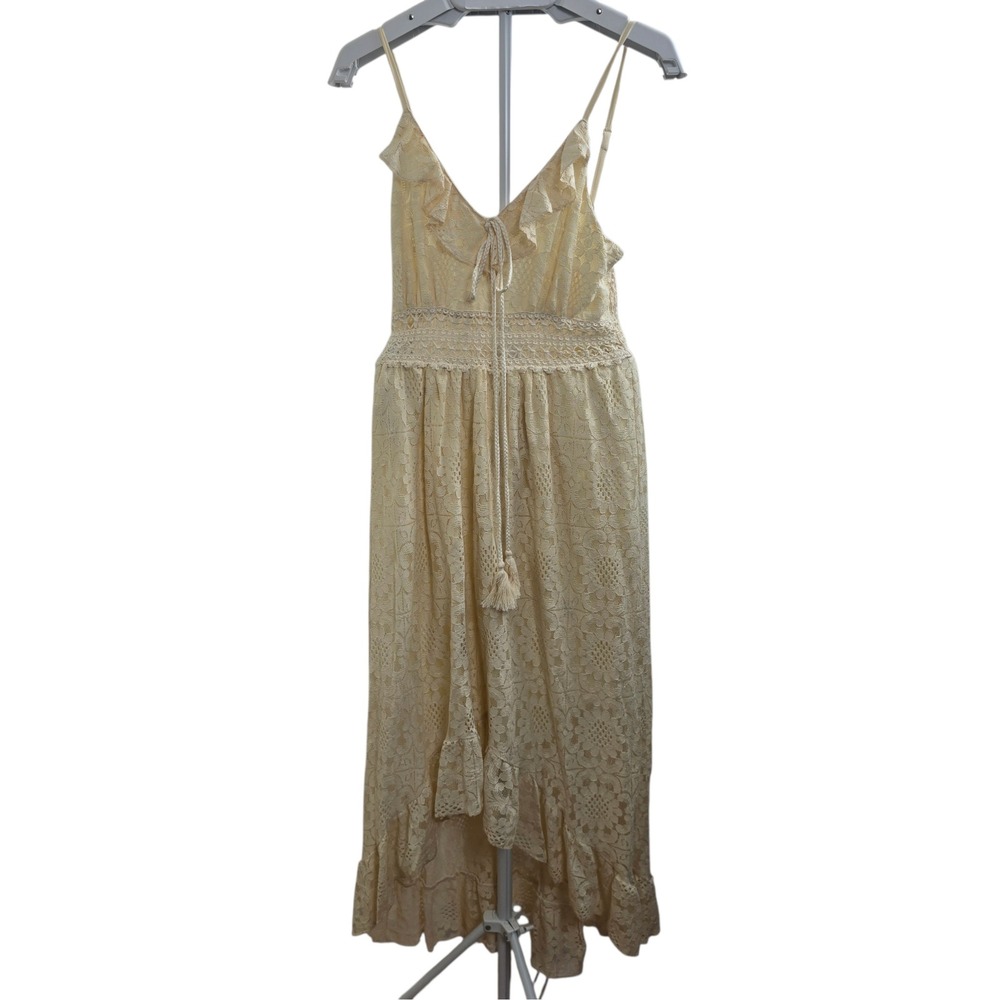 Vince Otto Ivory Lace Crochet Maxi Dress Smocked Back Tassel Tie Hi Low L/XL - Picture 1 of 13